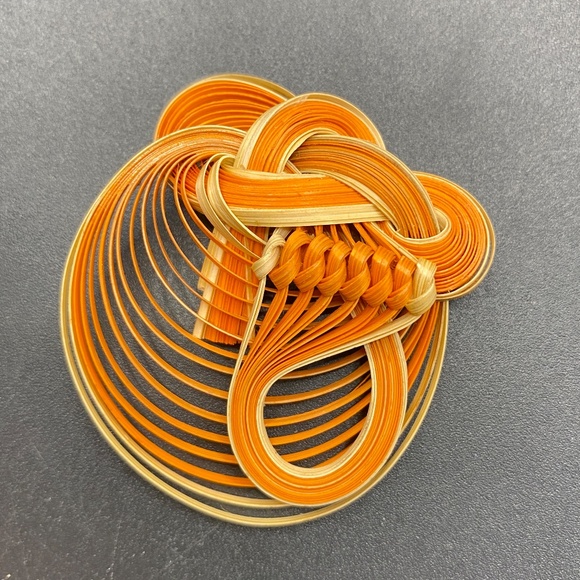 Bamboo Jewelry Orange Brooch Hand Crafted Natural Taiwanese Folk Art - Picture 1 of 6